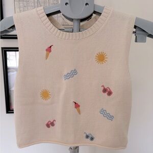 Bouffants and Broken Hearts Sleeveless Knit Top with Fun Embroidery, Small, NWT